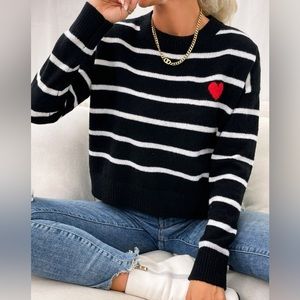Black and White Striped Pullover Sweater with Red Heart